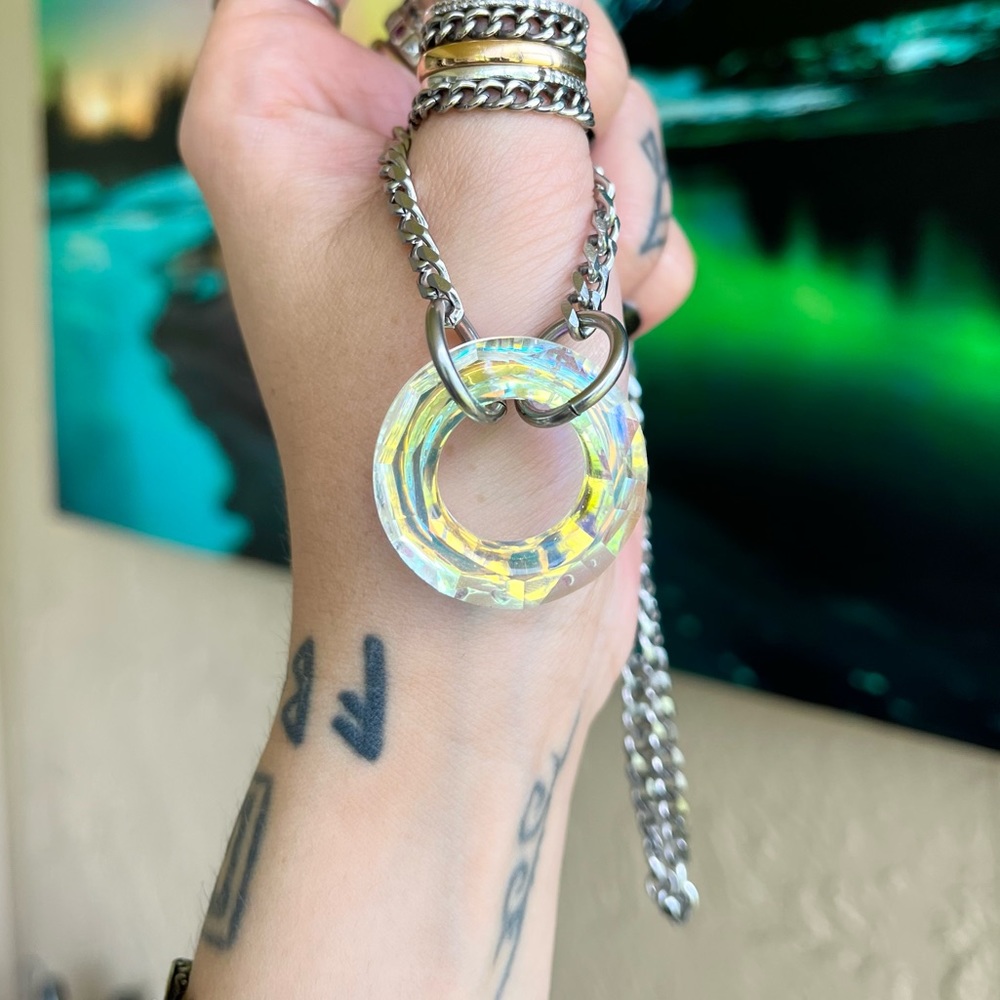 Rainbow Crystal necklace . Swarovski iridescent circle steel cuban chain choker - Picture 9 of 16